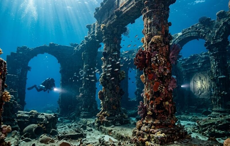 Scuba diver exploring the breathtaking ruins of an amazing underwater city with stone columns.