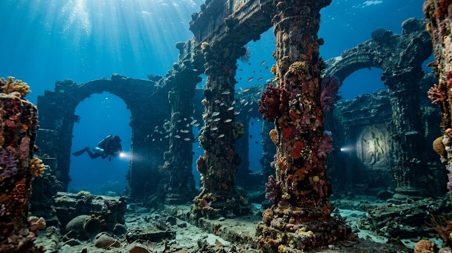 Scuba diver exploring the breathtaking ruins of an amazing underwater city with stone columns.