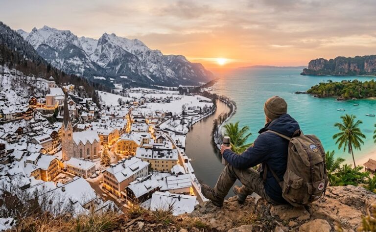 A traveler overlooks a scenic valley with views of both a snowy festive town and a tropical beach at golden hour dusk.