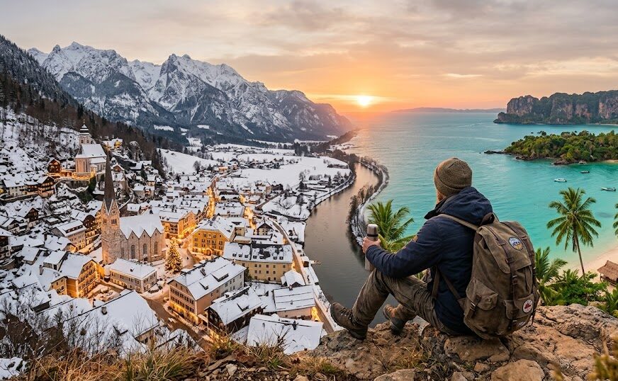 A traveler overlooks a scenic valley with views of both a snowy festive town and a tropical beach at golden hour dusk.
