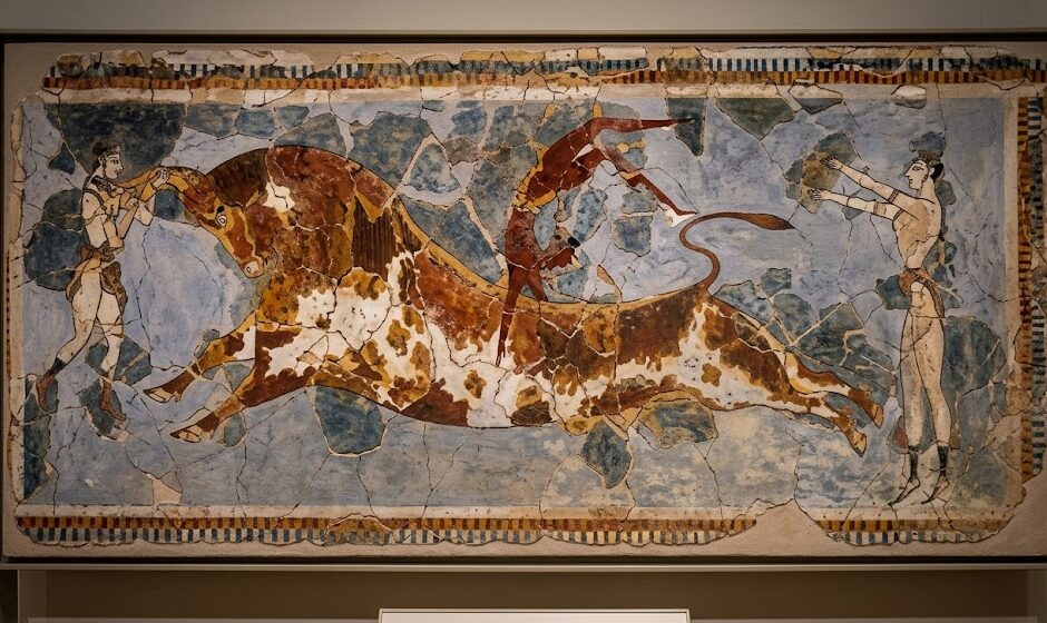 Minoan Civilization in Crete An ancient Minoan fresco showing athletes performing the bull leaping ritual.