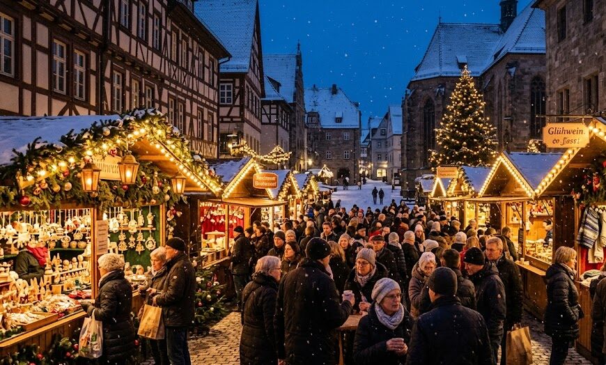 A festive traditional Christmas market in Europe with twinkling lights.