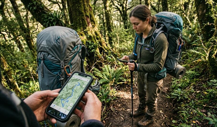 travel hobby: A traveler using a smartphone for geocaching in a national park.