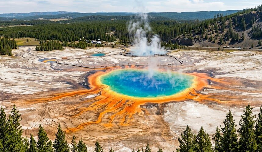 tour yellowstone national park The vibrant colors and rising steam of a hot spring above the Yellowstone park caldera.