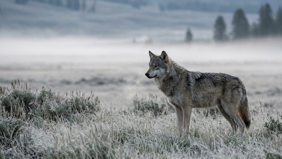 tour yellowstone national park A gray wolf standing in the morning mist during a wildlife tour yellowstone national park