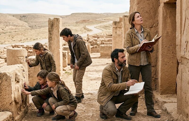 A nomadic family worldschooling and learning through travel at an ancient historical site.