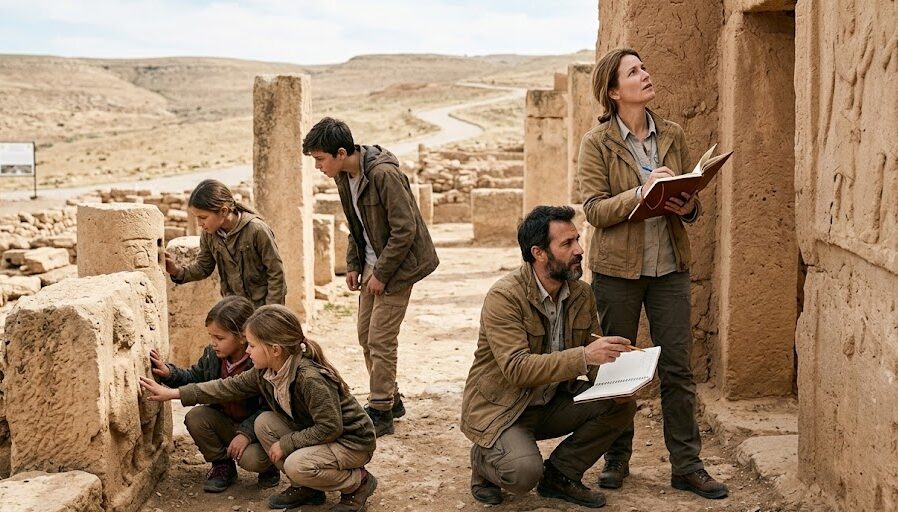A nomadic family worldschooling and learning through travel at an ancient historical site.