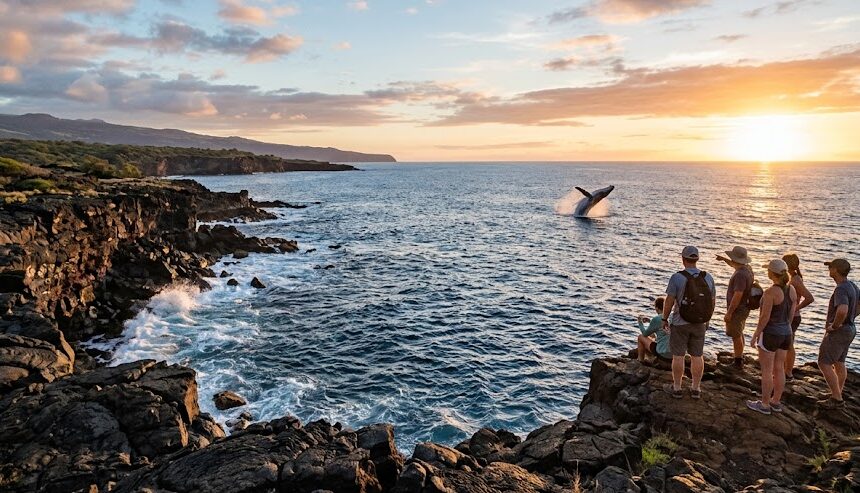 Hikers watching a humpback whale breach off the volcanic coast of Hawaii.