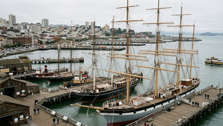 Historic wooden sailing ships docked at the waterfront of a renowned maritime museum.