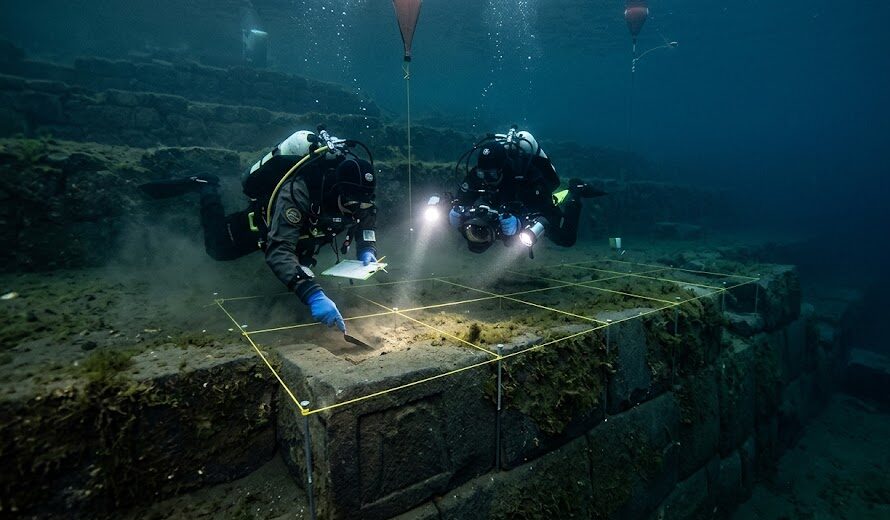 Underwater Cities Ancient stone temples submerged beneath the surface of Lake Titicaca in the Andes.