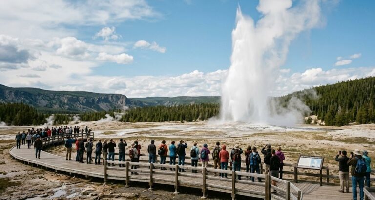The famous Old Faithful geyser erupting during a Yellowstone National Park tour.