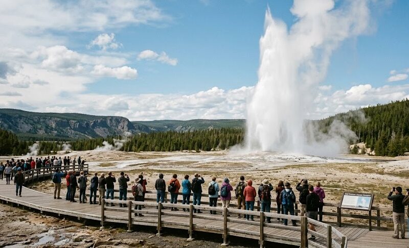 The famous Old Faithful geyser erupting during a Yellowstone National Park tour.