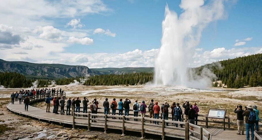 The famous Old Faithful geyser erupting during a Yellowstone National Park tour.