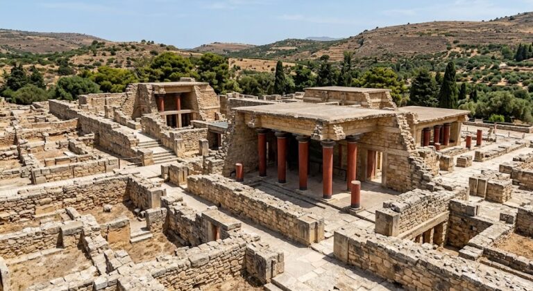 The archaeological ruins and iconic red columns of the Palace of Knossos in ancient Crete.