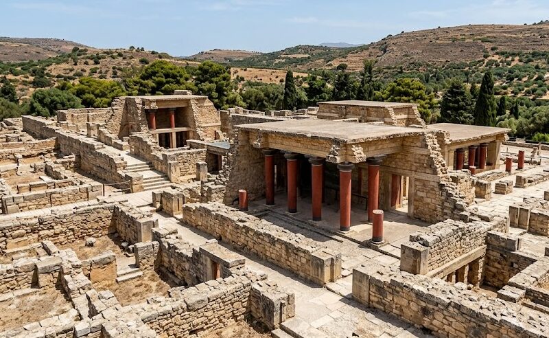 The archaeological ruins and iconic red columns of the Palace of Knossos in ancient Crete.