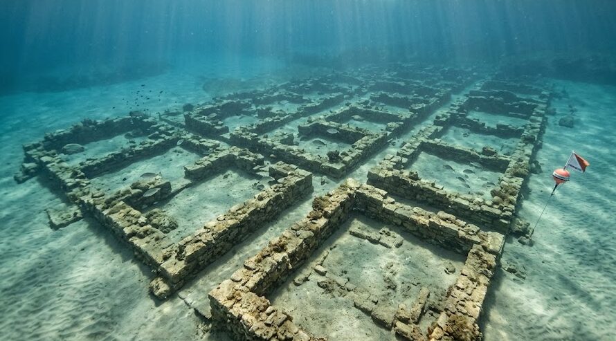 Underwater Cities Stone foundations of Pavlopetri, the oldest known sunken city dating back to the Bronze Age.