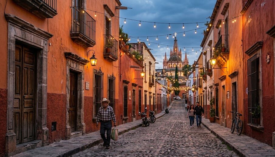 A charming colonial street in San Miguel de Allende, Mexico, at dusk with warm lights.