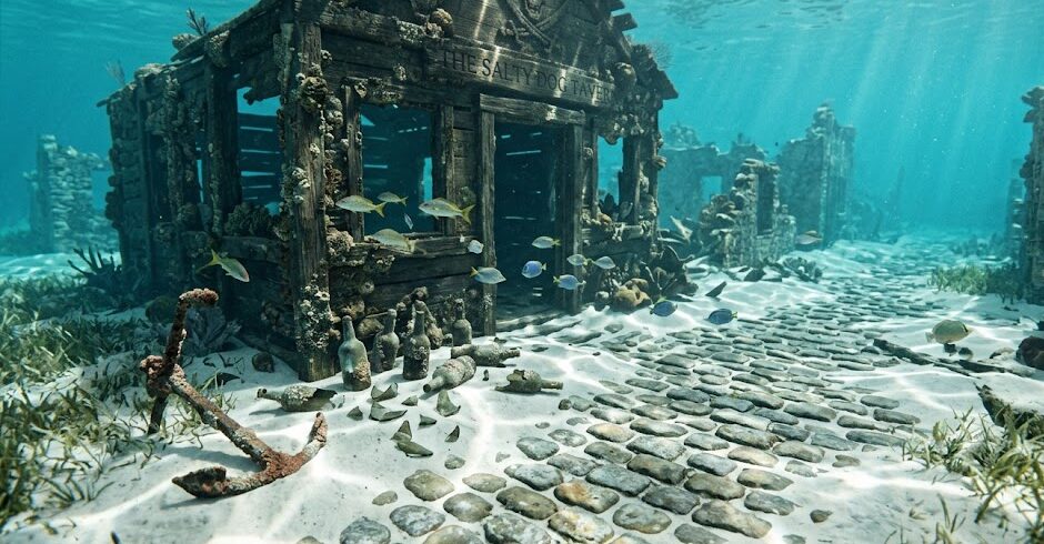 Underwater Cities Underwater Cities: Underwater ruins of Port Royal in Jamaica, showcasing sunken 17th-century pirate artifacts.
