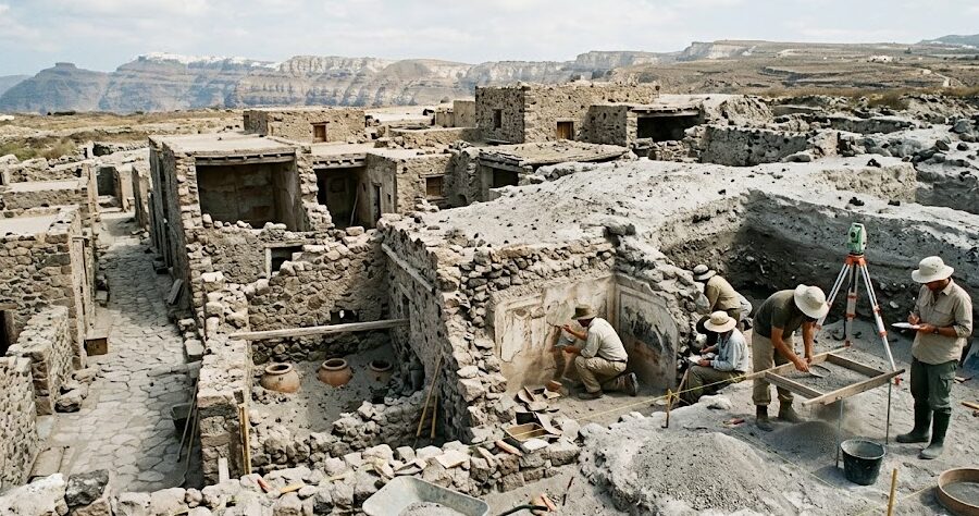 Minoan Civilization in Crete Minoan Civilization in Crete: Ancient Minoan stone houses partially buried by volcanic ash from the catastrophic Thera eruption.