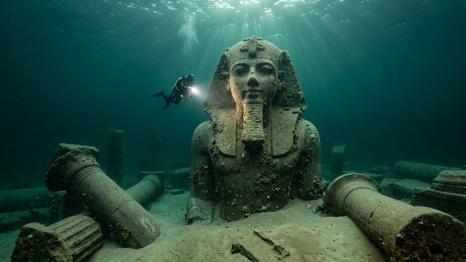 Underwater Cities Colossal pharaoh statue discovered at the bottom of the sea in the city of Thonis-Heracleion.