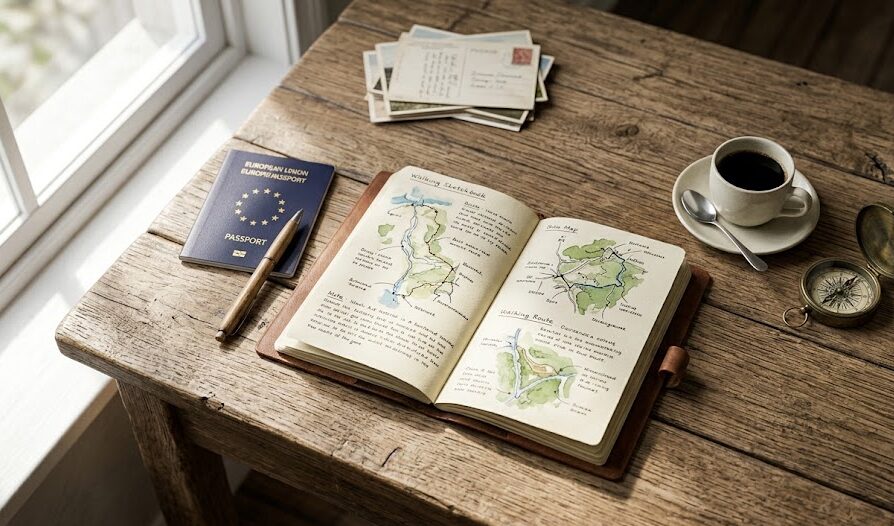 A travel sketchbook and coffee on a desk for planning travel itineraries.
