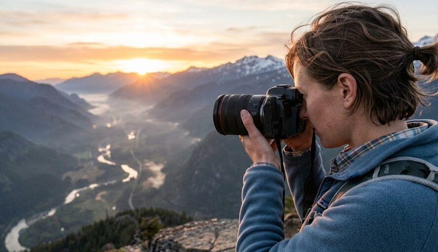 A traveler using photography as a hobby while overlooking a scenic valley.