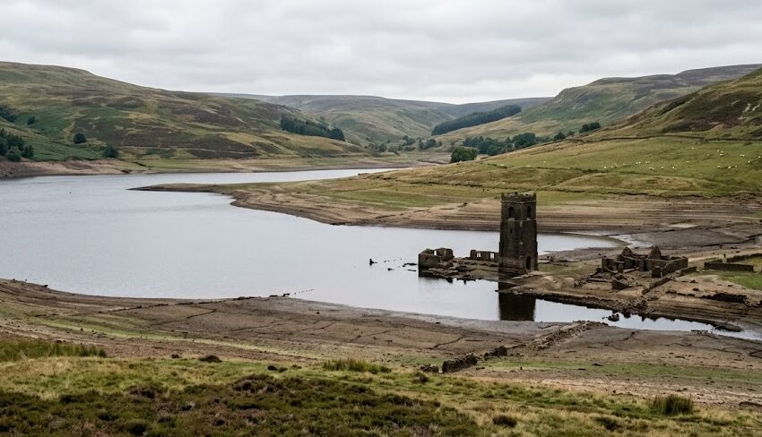 Underwater Cities The ruined stone buildings of the submerged village of Derwent emerging during a drought.