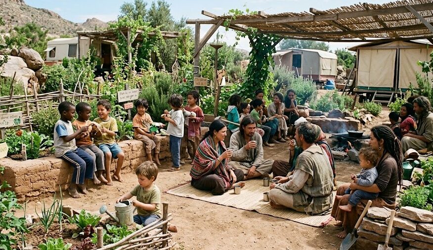Worldschooling Nomadic families gathering at an international worldschooling hub to build community.