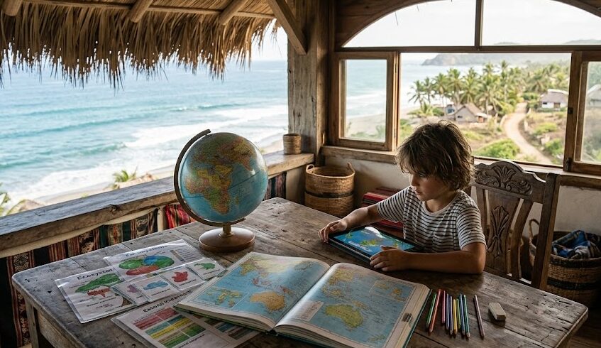 Worldschooling A worldschooler studying with a tablet and maps during a family travel journey.