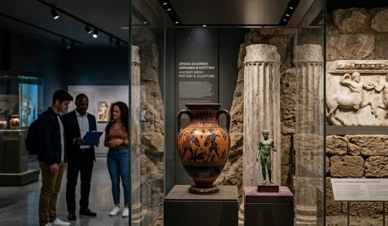 A beautiful collection of ancient Greek art featuring terracotta pottery and classical artifacts.