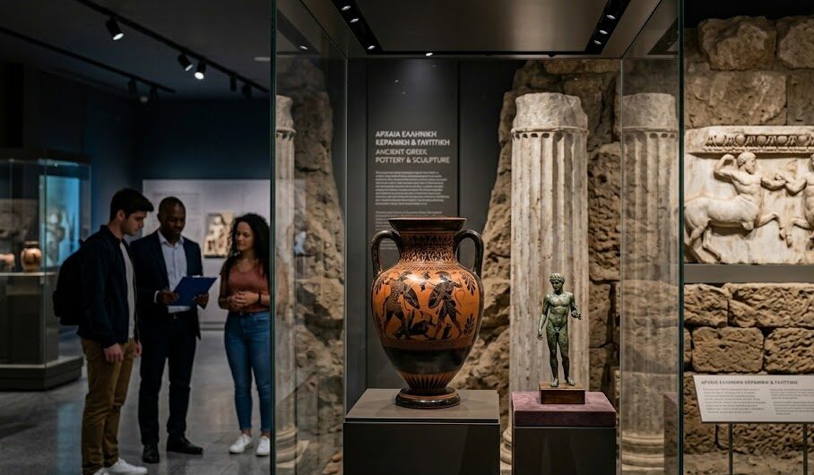 A beautiful collection of ancient Greek art featuring terracotta pottery and classical artifacts.