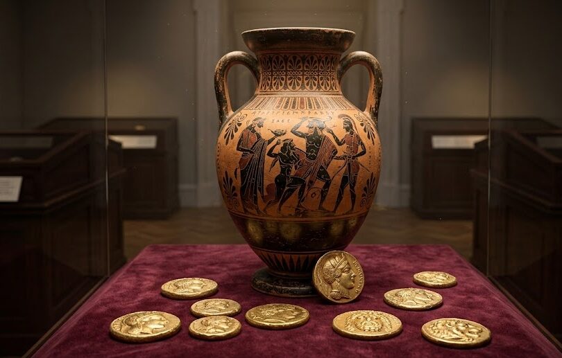 ancient greek artifacts A display of ancient Greek art and artifacts including a terracotta amphora.