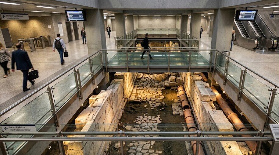Athens Archaeological Sites Athens Archaeological Sites: The ancient Eridanos riverbed excavation preserved and protected under the Monastiraki Metro Station in Athens.