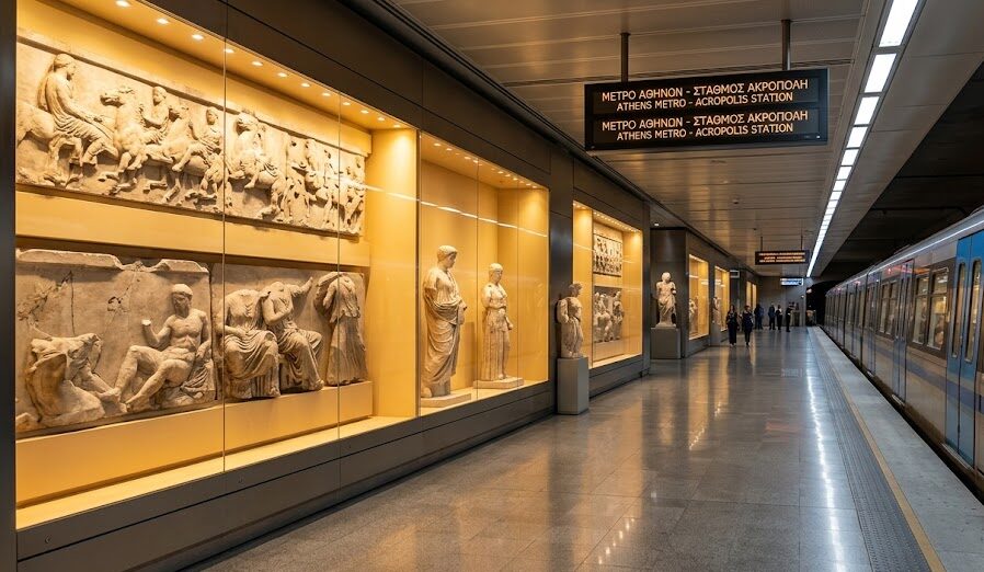 Athens Archaeological Sites Replicas of Parthenon sculptures and ancient Greek art displayed along the walls of the Acropolis subway station.
