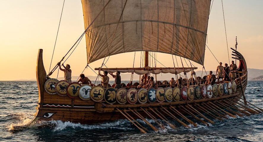 jason of the golden fleece
: The legendary Argo ship in Greek mythology sailing across the sea.