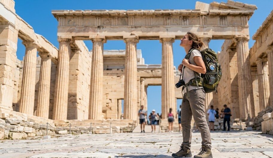 A traveler exploring the ancient ruins of the Acropolis in Athens.