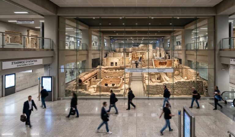 Ancient ruins in Athens displayed behind glass walls inside the modern Syntagma Metro Station.
