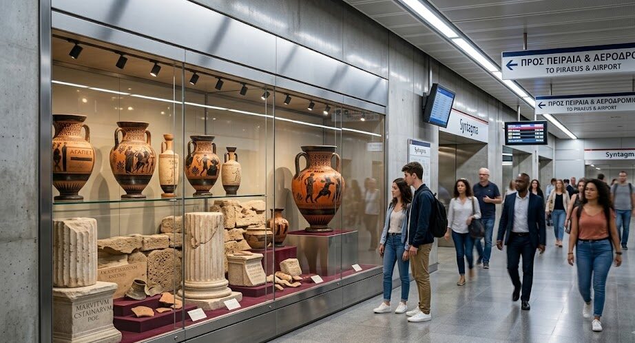 ancient greek artifacts The archaeological exhibit inside an Athens metro station showing ancient ruins.