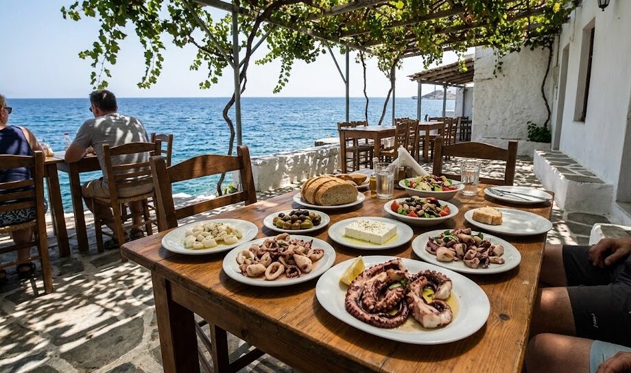 greece vacation package: Traditional Mediterranean cuisine served at a rustic taverna by the sea in Crete.