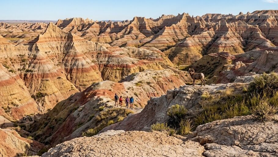 The striking geological rock formations of Badlands National Park in South Dakota.