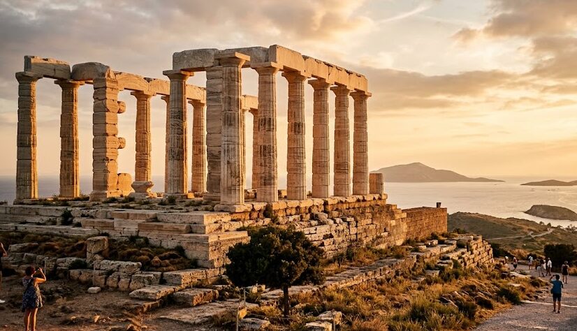 Majestic ancient Greek ruins at sunset, highlighting the beauty of historical sites in Greece.