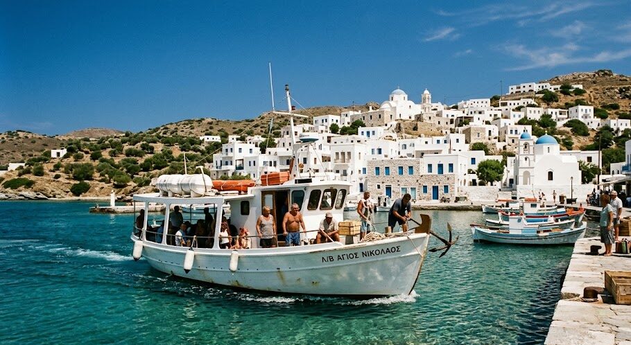 A traditional ferry arriving at a quiet and authentic Greek island port with crystal clear water.