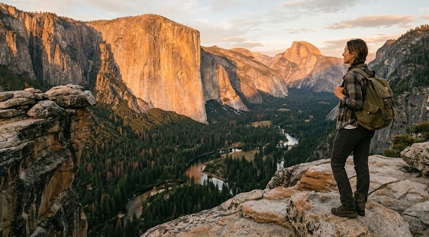 A solo traveler looking over a breathtaking national park landscape, representing the ultimate US bucket list destination.