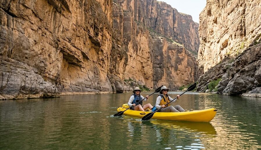 vacation spots in texas vacation spots in texas: Kayaking through the towering limestone walls of Santa Elena Canyon in Big Bend National Park.