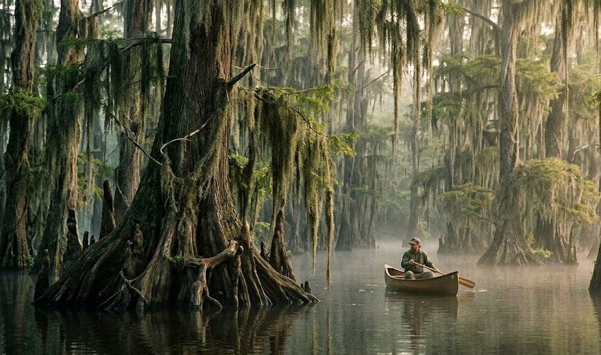 vacation spots in texas Canoeing through the moss-draped cypress trees in the mystical Caddo Lake in East Texas.