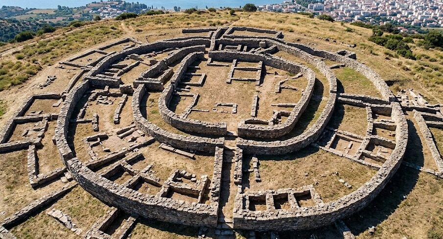 Aerial view of the complex stone walls at the Dimini archaeological site in Greece.