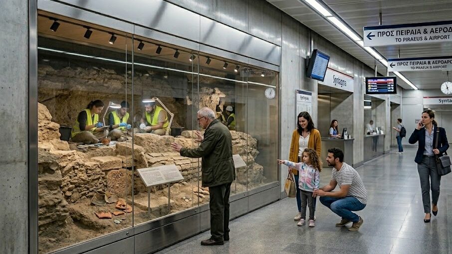 ancient greek artifacts The archaeological exhibit inside an Athens metro station showing ancient ruins.