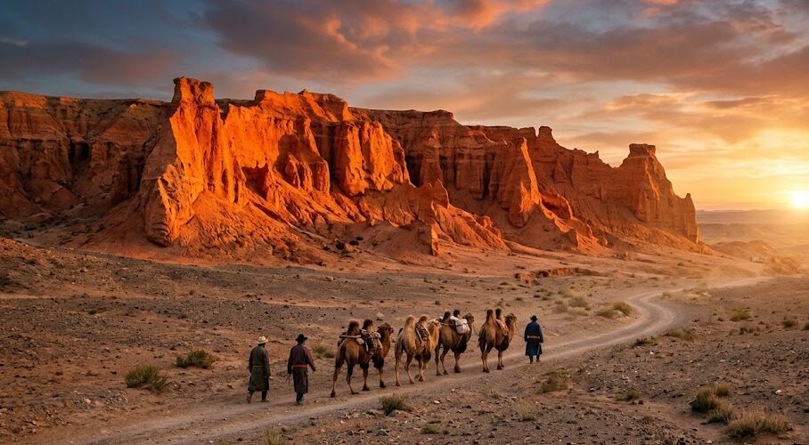 The reddish-orange sandstone formations of the Flaming Cliffs in the Mongolian Gobi Desert.
