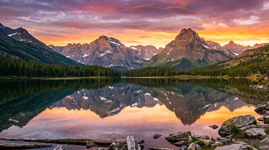 good vacation places in the us: A breathtaking sunrise over a pristine alpine lake in Glacier National Park.
