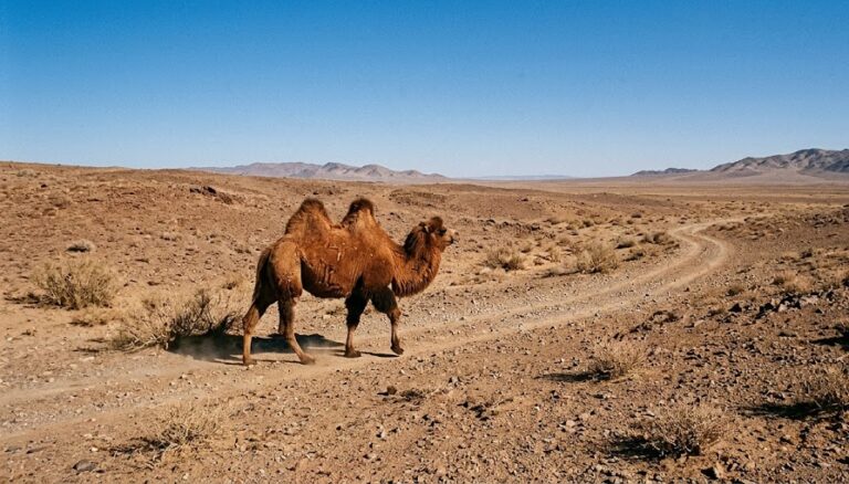 A wild Bactrian camel walking across the arid steppe of the Gobi Desert in Mongolia.